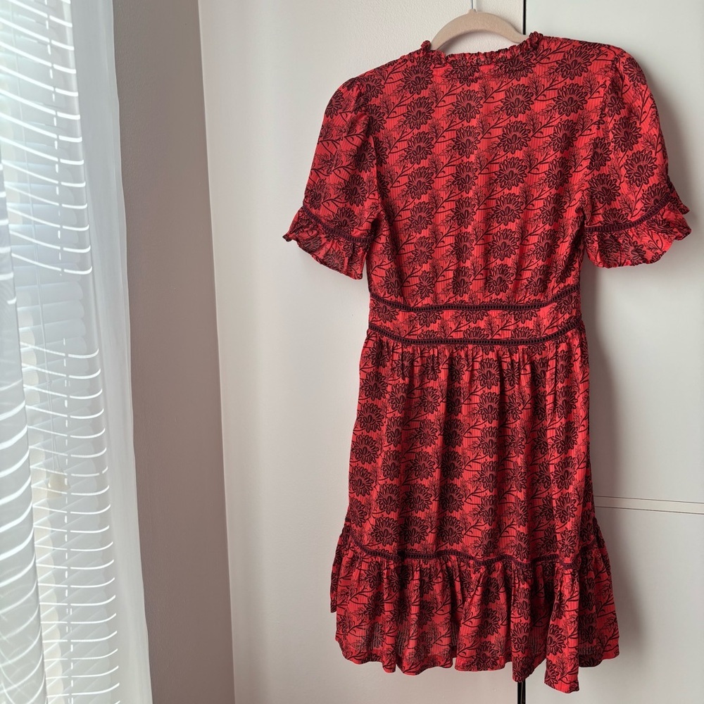 Scotch & Soda Red Floral Print Dress Tiered Ruffle Flutter Sleeve Size S - Picture 5 of 9